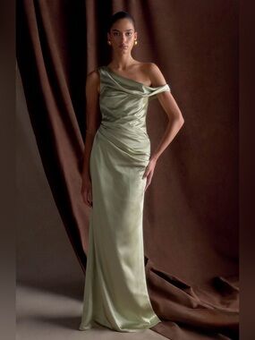 Meshki | Dalia Off Shoulder satin Maxi Dress | XL (US size 10) | Sage | NWT